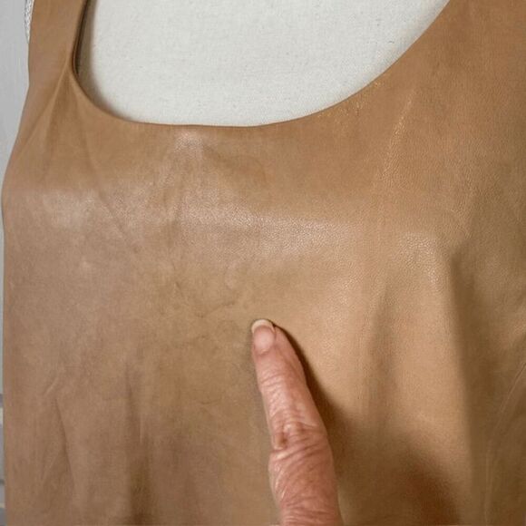 Vince Lamb Leather Shift Dress Tank Tan Front Pockets Light Size 10 READ - Picture 7 of 14